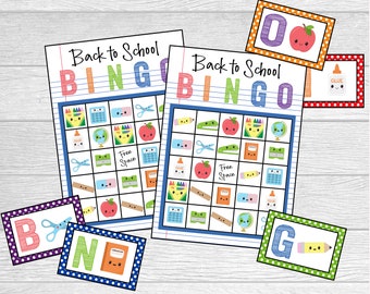 Printable Back To School Bingo Set. Kawaii Back To School Bingo. Set of 12 Game Cards. Instant Digital Download Files.