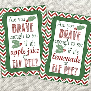 May include: Two green and red chevron patterned cards with a white border. The text on the cards reads "Are you BRAVE enough to see if it's apple juice or ELF PEE?" and "Are you BRAVE enough to see if it's lemonade or ELF PEE?"