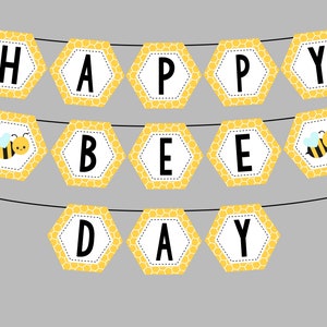Banner imprimível do FELIZ DIA DA ABELHA para a festa de aniversário da abelha. Bandeira de abelha de favo de mel. Download digital instantâneo.