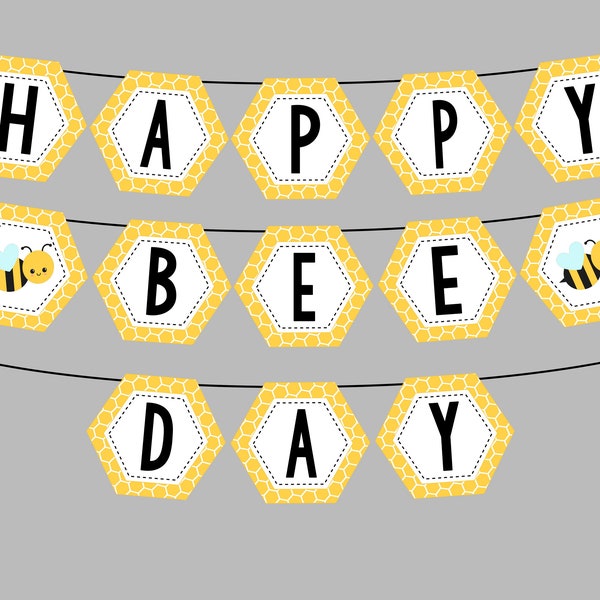 Printable HAPPY BEE DAY banner for Bee Birthday Party. Honeycomb Bee Banner. Instant Digital Download.