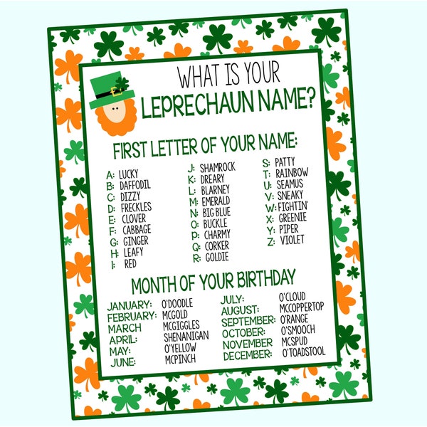 Leprechaun Name Game. What Is Your Leprechaun Name? Instant Digital Download. Fun for St. Patrick's Day Party, Classroom