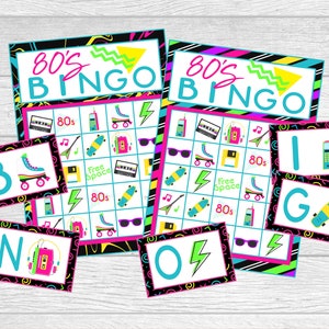 Afdrukbare bingoset uit de jaren 80! Bingoset met 12 kaarten.  Jaren 80, neon, retro, rolschaatsfeestbingo. Instant digitale downloadbestanden.
