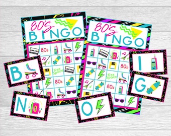 May include: A set of 80's themed bingo cards with colorful neon designs. The cards feature images of roller skates, cassette tapes, boomboxes, sunglasses, and lightning bolts. The cards are labeled "80's Bingo" and include a free space. There are also letter tiles that spell out "BINGO".