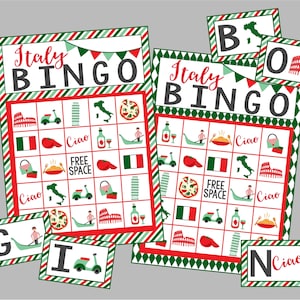 Jogo de Bingo da Itália para impressão. Conjunto de 12 cartas de Bingo da Itália para festa na Itália, viagem na Itália ou aula. Arquivos digitais para download instantâneo.