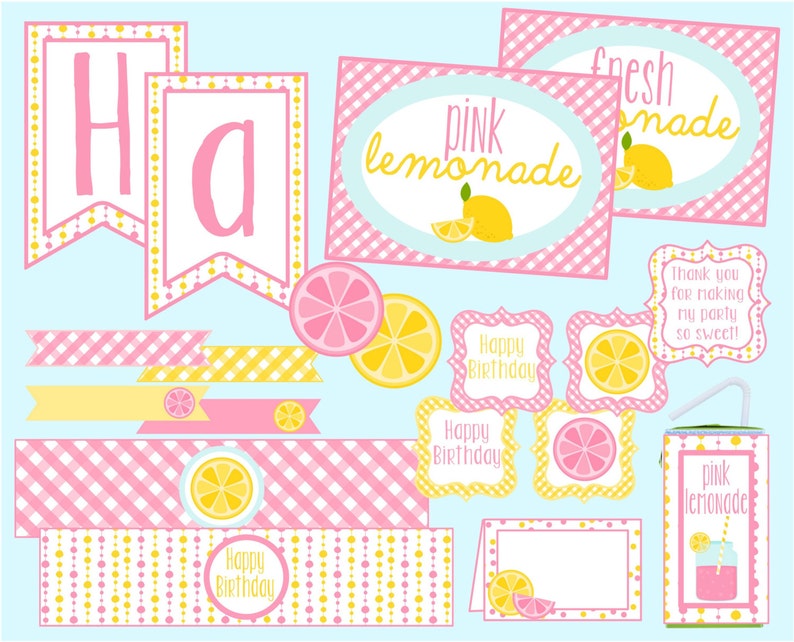 Pink Lemonade Party Package. Lemonade Stand Birthday Party Package. Digital Download. Pink and Yellow Party Package. Lemonade image 1