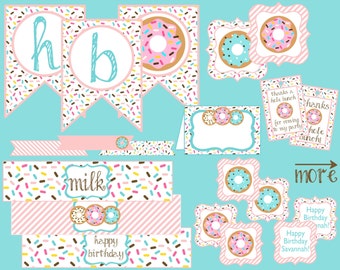May include: Printable donut-themed party decorations in pink, blue, and brown with sprinkles. The set includes a banner, cupcake toppers, favor tags, and a milk carton wrapper. The text on the banner reads "h b". The text on the favor tags reads "Thanks a hole bunch for coming to my party hole bunch!"