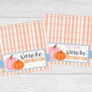 Printable S&#39;Mores Favor Bag Topper for Pink Little Pumpkin Party. Take Home S&#39;More Birthday Fun.  Instant Digital Download