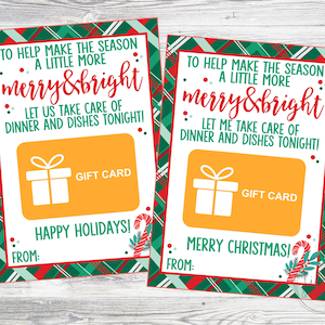 Portatarjetas de regalo imprimible con la frase Merry and Bright Dinner & Dishes Tonight. Archivos de descarga digital instantánea. Felices fiestas y feliz Navidad.
