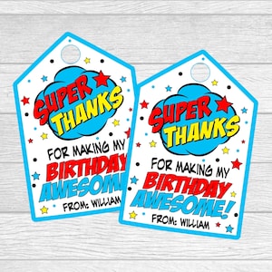 Personalisierter Super Thanks Party Favor Tag für Superheld Geburtstag. Comic Buch Geburtstag Party Anhänger. Druckbare, digitale Dateien