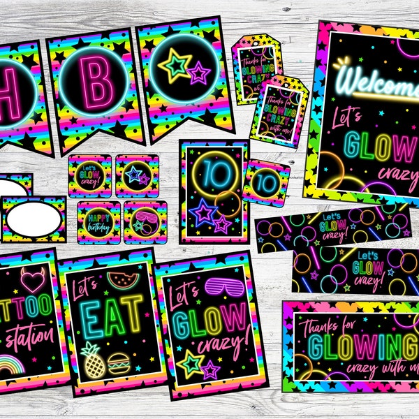 Printable Neon Glow Party Decoration Package. Let's Glow Crazy Party Pack. Instant Digital Download Files.