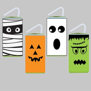 Halloween Juice Box Wrappers. Instant Digital Download. 4 Label Choices. Jack-O-Lantern, Mummy, Ghost, and Frankenstein&#39;s Monster Juice