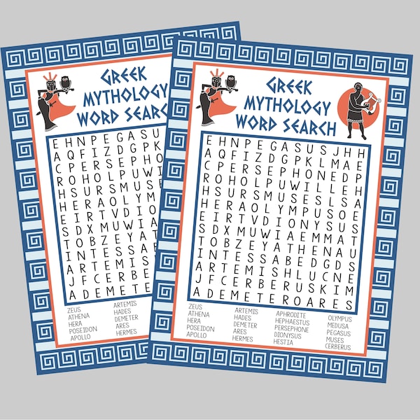 Printable Greek Mythology Word Search.  Word Search for Ancient Greece Party, School, Greece Lesson Plan or Fun Instant Digital Download.