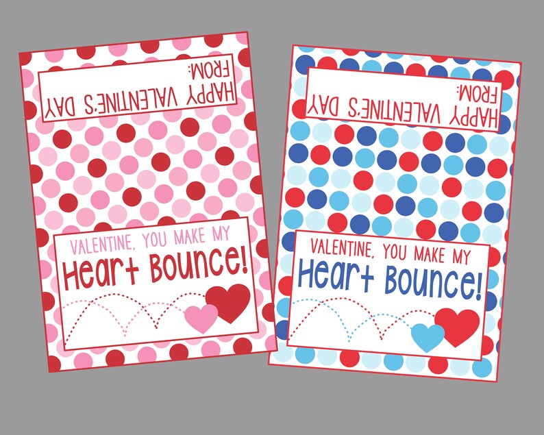 PRINTABLE Valentine, You Make My Heart Bounce Bag Toppers for Bouncy Ball Valentine. Instant Digital Download. Blue & Pink Options image 2