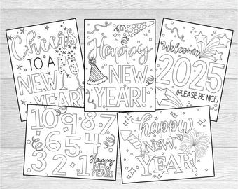 Páginas para colorear de Nochevieja 2025 para niños o adultos. Páginas para colorear de vacaciones. Descarga digital instantánea. 5 páginas para imprimir.