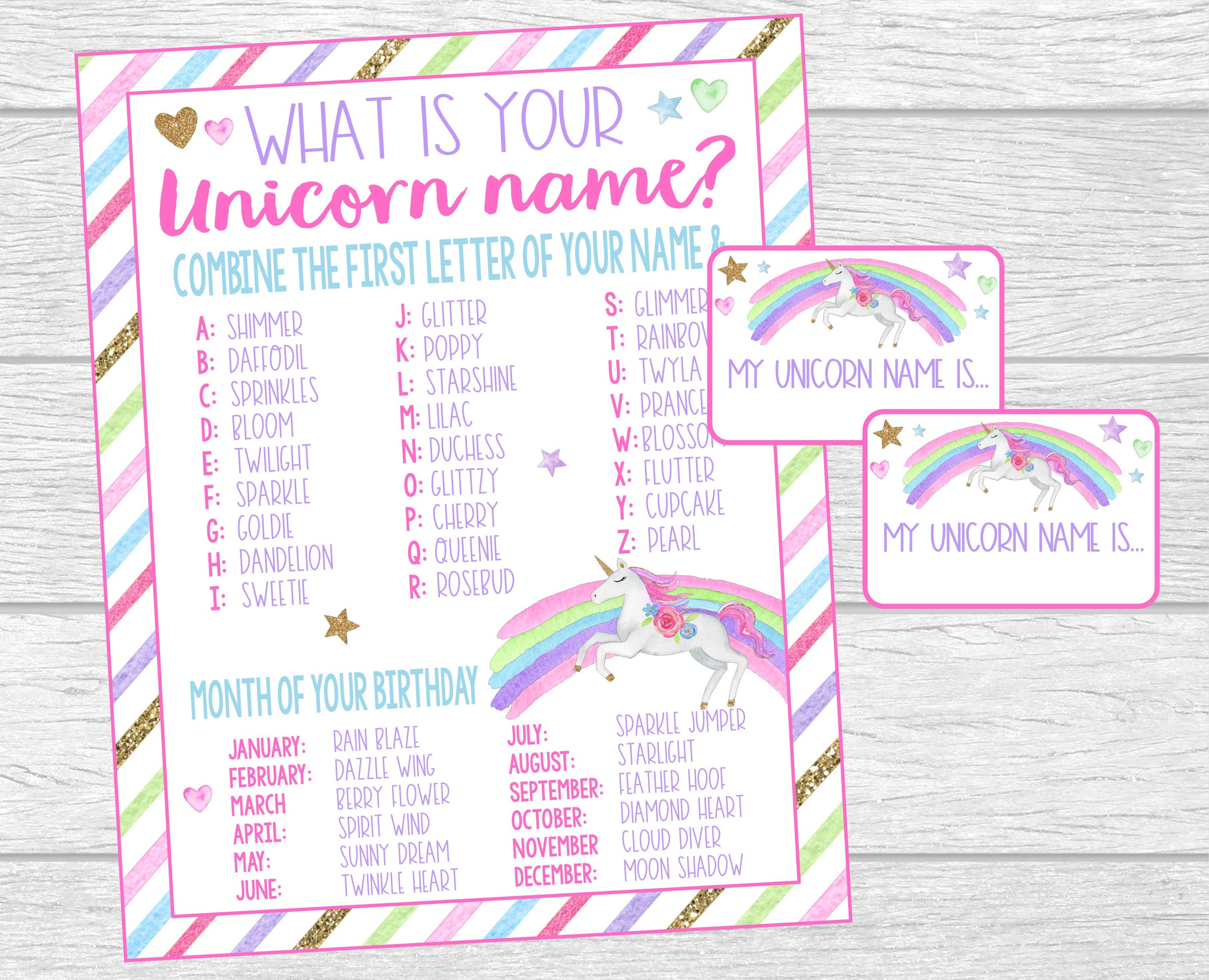 what s your unicorn name printable sign and name tags for etsy