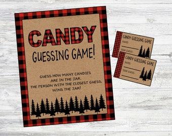 Candy Guessing Game for Lumberjack Baby Shower. Printable Baby Shower Game. Red & Black Plaid, Mountain Man, Adventure, Woodland.