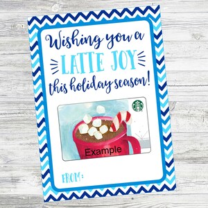 Tarjeta LATTE JOY. Les deseamos un Latte Joy estas fiestas. Tarjetero para café, latte y Navidad. Descarga digital instantánea. Azul.