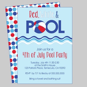 Red White & Pool 4th of July Pool Party Invitation. Printable Digital Invitation. 4th of July Party, BBQ, Pool Party, Birthday Party image 1