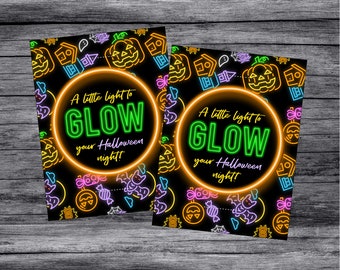 Printable Halloween Neon Little Light To Glow Your Night Cards for Glow Sticks. Halloween Party, Trick or Treat Cards. Digital Download