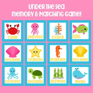 May include: A colorful memory and matching game with an "Under the Sea" theme. The game features illustrations of sea creatures like a crab, jellyfish, fish, and whale. Each card has a blue border with white polka dots, set against a pink background.