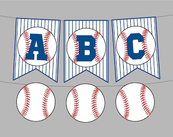 May include: A baseball-themed banner with the letters A, B, and C in blue on a white background. The banner is made of white and blue striped fabric with red stitching. There are four baseballs with red stitching on a gray background.