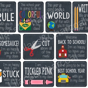 May include: Ten colorful chalkboard style classroom tags with different sayings for students. The tags include phrases like "This year is going to be a world of fun with you in my class!" and "You are awesomesauce! I'm so happy you are in my class!"