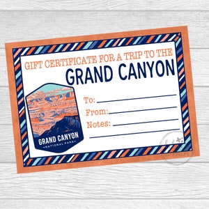 Printable Gift Certificate For A Trip To The Grand Canyon. Vacation Gift Certificate. Instant Digital Download.