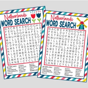 Netherlands Word Search Game. Printable Word Search. Instant Digital Download. Netherlands, Holland, Dutch Theme Party Game.