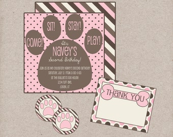 Puppy Party Invitation. Come Sit Stay Play! Girl Puppy Party Custom Invitation. Brown and Pink. Digital, Printable