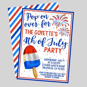 Pop On Over 4th of July Party Invitation. 4th of July Ice Pop Party. Personalized Printable Invitation. Watercolor 4th of July Invitation