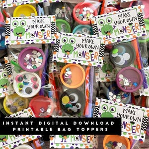 May include: Printable bag toppers with a monster theme. The toppers feature a green monster with googly eyes and the text "Make your own monster". The bags contain various craft supplies, including googly eyes, pipe cleaners, and sequins.
