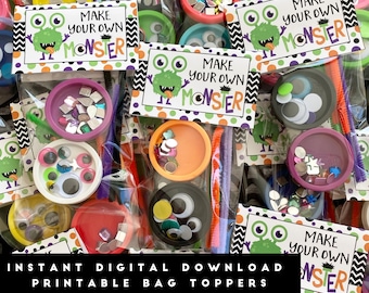Printable Make Your Own Monster Bag Topper For Monster Halloween Favor, Party, Trick or Treating, Craft Activity. Instant Digital Download