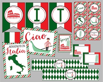 May include: Printable Italian party decorations featuring red, white, and green colors. The set includes banners with the letters "I" and "T", a welcome sign that says "Benvenuto in Italia", a sign that says "Ciao", a sign that says "Grazie", and several small square tags with Italian phrases and images.