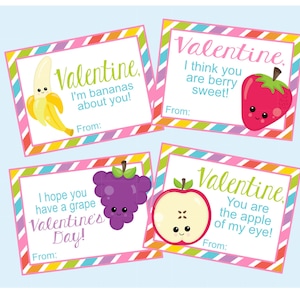 Cartes de Saint-Valentin aux fruits. Cartes de Saint-Valentin en classe. Fraise, banane, poire, pomme Saint-Valentin. Téléchargement numérique instantané