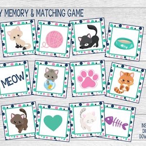 May include: A set of twelve square cards for a "Kitty Memory & Matching Game". Each card features a different cat-themed illustration, including cats, yarn, paw prints, and fish bones. The cards have a white background with a teal and navy blue border.