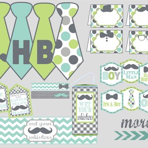 May include: Printable party decorations for a baby boy's first birthday. The decorations feature a green, gray, and blue color scheme with a mustache and bow tie theme. The text on the decorations includes "Little Man", "Happy Birthday", "It's a Boy", and "One".