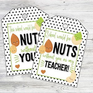 Printable Nut Teacher & School Staff Appreciation Tags. School Would Be NUTS Without You As My Teacher. Instant Digital Download