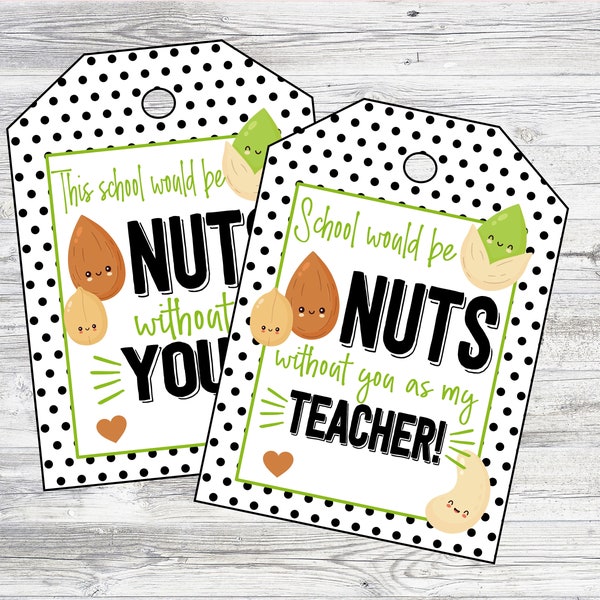 Printable Nut Teacher & School Staff Appreciation Tags. School Would Be NUTS Without You As My Teacher. Instant Digital Download