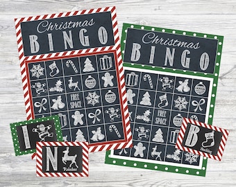 Printable Christmas Bingo Game! 12 game cards plus calling cards. Christmas Chalkboard Bingo. Digital Instant Download.