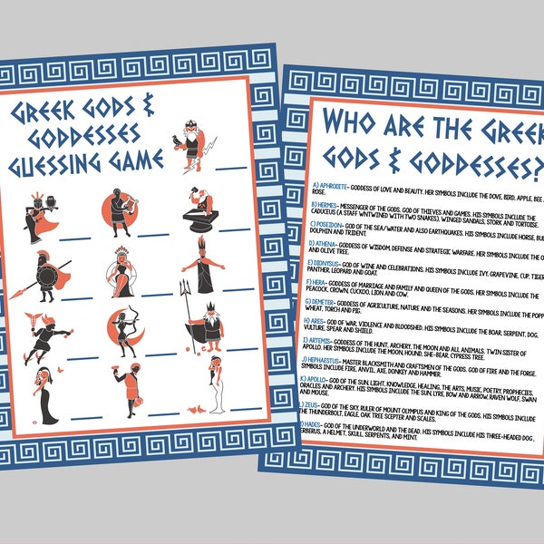 Greek Gods & Goddesses Guessing Game. Printable Ancient Greek Mythology Game, Match the God/Goddess to the Image. Instant Digital Download.