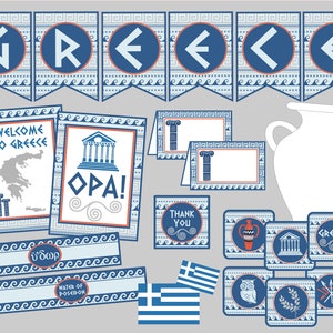 Minipaquete imprimible de fiesta griega. Descarga digital instantánea. ¡Perfecto para fiestas temáticas de la Antigua Grecia, planes de lecciones, geografía o diversión!