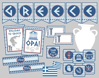 Mini pacchetto stampabile per festa greca. Download digitale istantaneo. Perfetto per feste a tema sull'Antica Grecia, lezioni, geografia o divertimento!