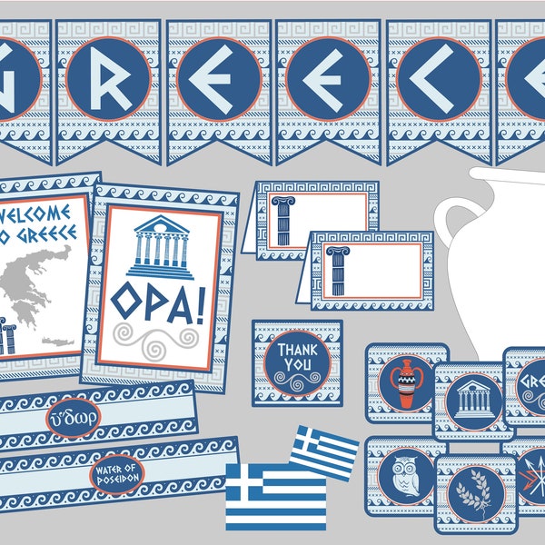 Printable Greek Party Mini-Package. Instant Digital Download. Perfect for Ancient Greece Themed Party, Lesson Plan, Geography or Fun!