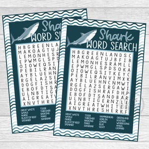 Shark Word Search Game. Printable Word Search Game for Shark, Ocean, Under the Sea Birthday. Instant Digital Download.