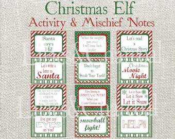 Christmas Elf Activity Cards, Note Cards, Mischief Cards. 32 different cards + 8 blank cards. Instant Digital Download