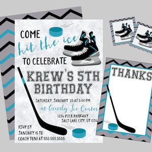 Hockey Birthday Party Invitation. Come Hit The Ice Invitation Set. Personalized Printable Invitation. Hockey, Skating Party Invitation.