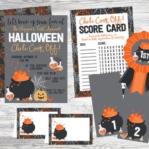Invitation et ensemble de cuisine au chili d'Halloween. Incl. Invitation, cartes de pointage, tentes de restauration, tentes de numéros et rubans. Ensemble d'invitations imprimables.