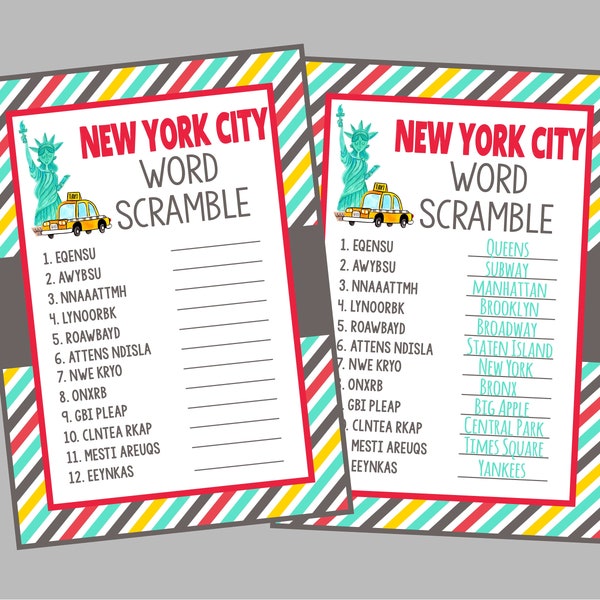 New York City Word Scramble. Printable Instant Digital Download. Perfect for New York Party, Classroom, or New York Vacation