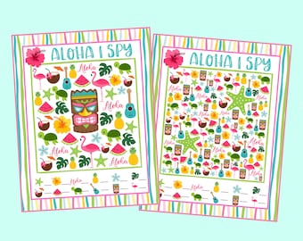 Luau I Spy Printable Games. 5 Different Sheets Easier to Harder. Instant Digital Download. Aloha, Luau, Hawaii I Spy Party Games