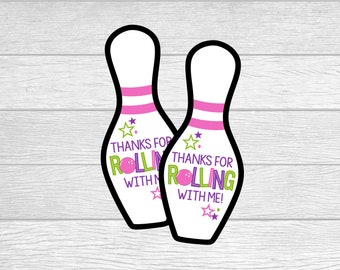 Printable Bowling Pin Party Favor Tags.  Instant Digital Download Files. Thanks For Rolling With Me Bowling Party Favor Tags.